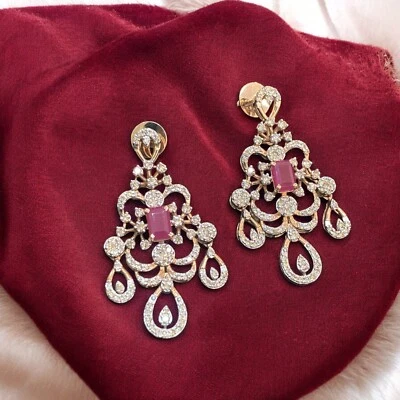 5.36 Cts Round Brilliant Cut Natural Diamonds Ruby Dangle Earrings 14K Rose Gold - Image 1 of 4