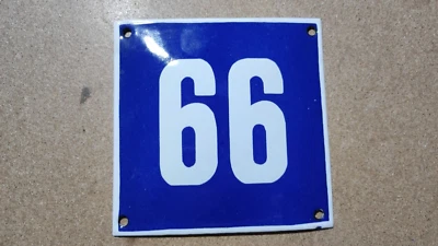 Letrero esmaltado vintage número 66 o 99 placa de puerta de casa azul metal porcelana estaño Foto 1 de 2