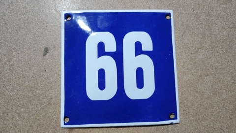 Vintage Enamel Sign Number 66 or 99 Blue House Door Plate Metal Porcelain Tin Cover