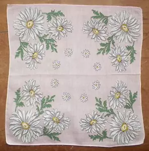 Hankie Handkerchief White Daisies Pink Background Retro 1950s Vintage - Picture 1 of 2