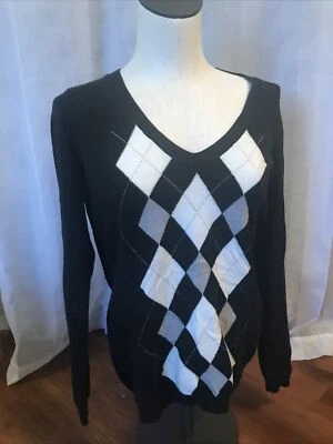 Suéter Pullover NY & Co Mujer’s SM Argyle Hilo Metálico Brillante Cuello en V Negro Foto 1 de 4