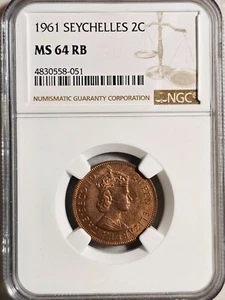 Seychelles 2 Cents 1961 NGC MS 64 RB - Picture 1 of 2