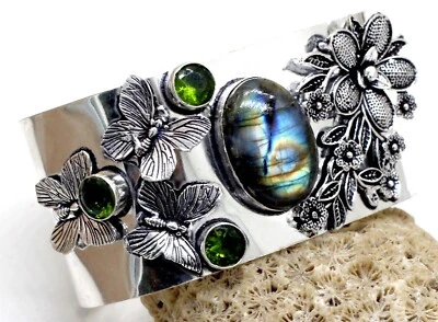 925 Sterling Silver Labradorite & Peridot Gemstone Jewelry Cuff Bracelet S-ADJ" - Image 1 of 4