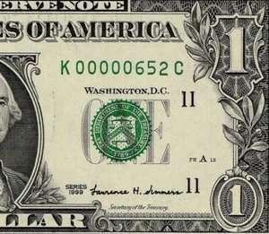 1999 $1 Federal Reserve Note Low 3 digit Serial Number Dallas K00000652C PMG 66 - Picture 1 of 4