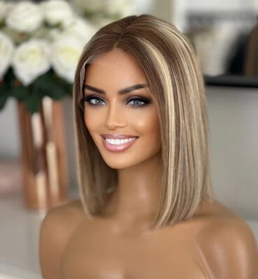 Peluca Highlight Balayage Rubia Brondie Marrón Bob 12” 100% Cabello Humano Foto 1 de 4