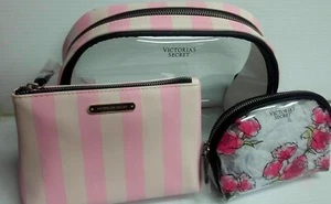 Victorias Secret Pink Striped Floral Cosmetic Makeup Bag Trio 3 Piece Set NWT - Picture 1 of 5