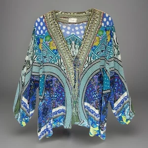 Camilla 100% Silk Kaftan Top Womens One Size Embellished Resort Old Money Luxury - Picture 1 of 12