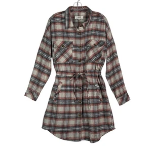 Ci Sono Langarm kariert Flanell Knopf Tie Taille Tunika Kleid Elfenbein Damen Medium - Bild 1 von 9