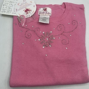 NWT Quacker Factory Pink Snowflake Sweater Women's Sz L Beaded Short Sleeve - Picture 1 of 7