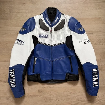 Yamaha Men's Genuine Leather Motorcycle Jacket, Sz 42, Blue, Black, White - Image 1 of 4