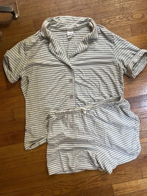 Hanna Andersson Blue Stripe Shorts Button Down Jersey Pajama Set Mom Women’s M - Image 1 of 3