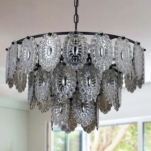 Lámpara colgante vintage de cristal gris de 3 capas de 8 luces con escudo de vidrio de 23,6" - Imagen 1 de 18