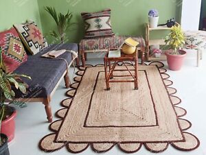 Indian Beige & Brown Area Jute Rugs Braided Abstract Hippie Carpet 10 x 14 Feet