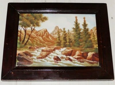 PAYSAGE MONTAGNEUX PEINTURE SUR PLAQUE DE PORCELAINE ENCADRÉE SIGNÉE LENOBLE  - Photo 1/4