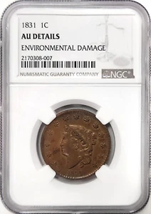 1831 Coronet Matron Head Large Cent NGC AU Details Environmental Damage - Picture 1 of 2