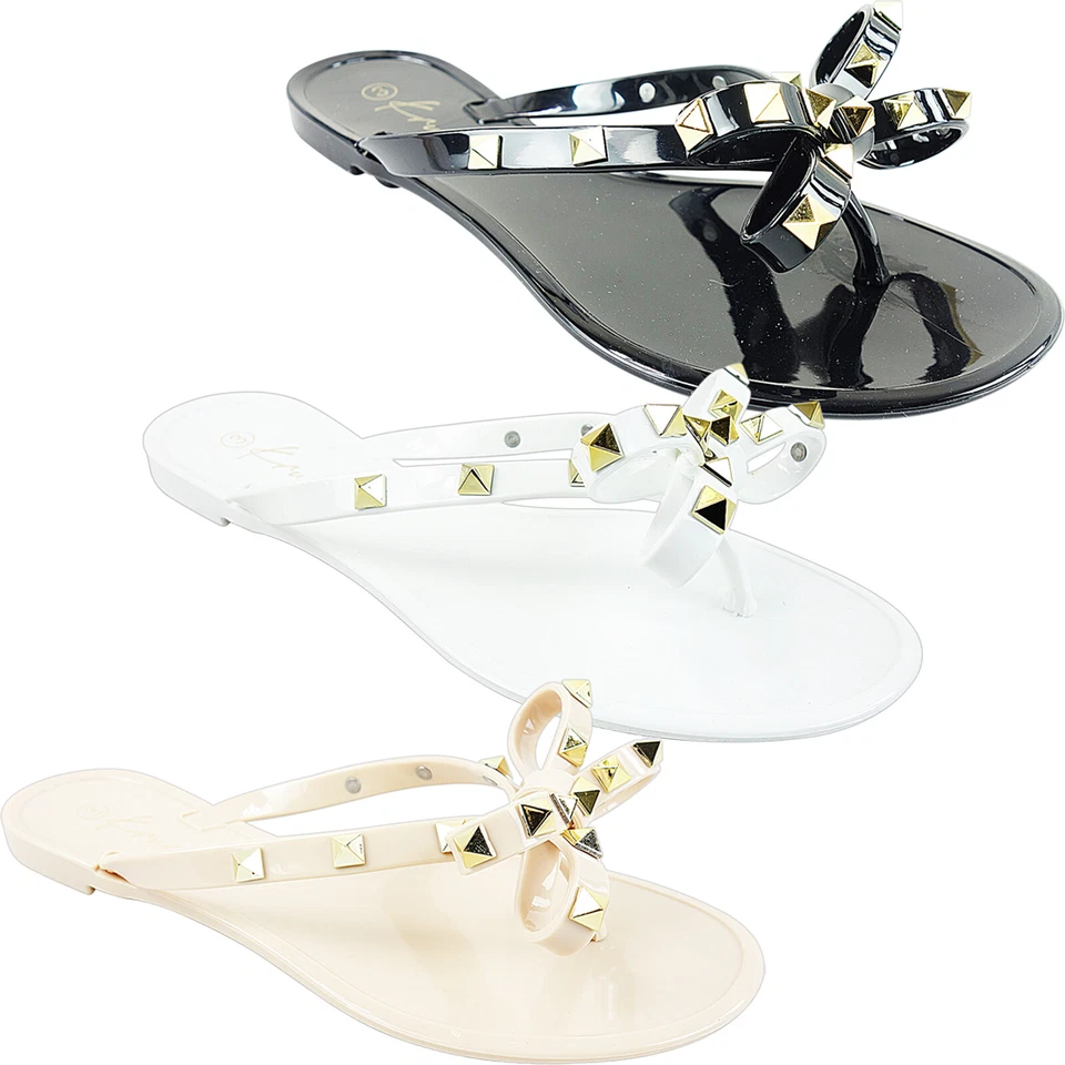 New Womens Ladies Flat Bow Jelly Flip Flops Toe Post Summer Beach Sandals Size
