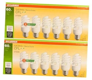 (12 Bulbs) Sylvania CFL T2 Twist Light Bulb, 2700K Soft White, 60 watt - Picture 1 of 8