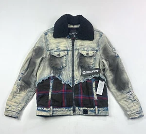 Makobi Mens Small Blue Plaid Full Zip Distressed Denim Jean Sherpa Jacket M1035 - Picture 1 of 11