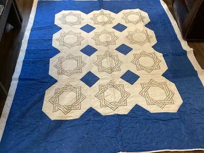 Vintage Friendship Quilt 88x76 Embroidery Pink Flowers Cross Stitch Blue Hanmade - Image 1 of 4