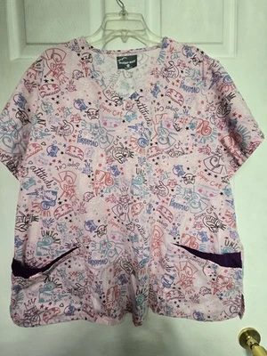 Butter-Soft Scrub Top size 2X-Pink Kitty "PURRRMAID" "UNICAT"-Chest 28"/L 27.5" - Image 1 of 4