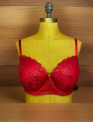 Victoria’s Secret Dream Angels Lined Demi Bra 32DD Wicked Rose Red Lace Floral - Image 1 of 4