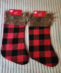 Christmas Stockings Farmhouse Set Of 2 Red Black Buffalo Plaid Holiday Decor - Picture 1 of 3