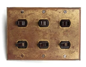 Reclaimed Six Gang Brass Electrical Switch Plate - Picture 1 of 7