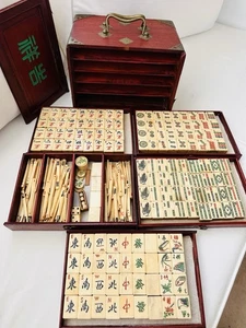 Mahjong Knochen und Bambus Fliesen, Würfel usw. & Koffer wie abgebildet Antik Vintage Mahjong - Bild 1 von 16