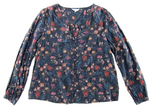 Lucky Brand Grey Pink Yellow Floral Rayon Long Sleeve V-Neck Peasant Blouse L - Picture 1 of 5