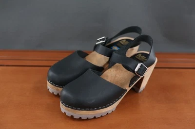 MIA Abba Womens 39 / 9 US Shoe Black Leather Slingback Swedish Clog Heel Sandals - Image 1 of 4