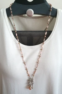 Kirks Folly Signed Pink Beaded Sliver Tone Cherub Shell Dangle Pendant Necklace - Picture 1 of 12