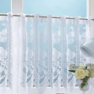 Floral Flowers White Quality Cheap Lace Cafe Net Curtain - SOLD BY THE METRE - Picture 1 of 2