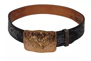 VTG Silver Leather Gold Western Larry Mahans 31" Belt El Arturo Eagle Buckle T6 - Picture 1 of 8