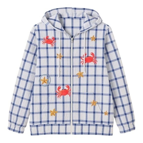 QUACKER FACTORY Crab Hood Jacket Seersucker Cotton Women 1X Coastal Grandma Y2K - Image 1 of 4