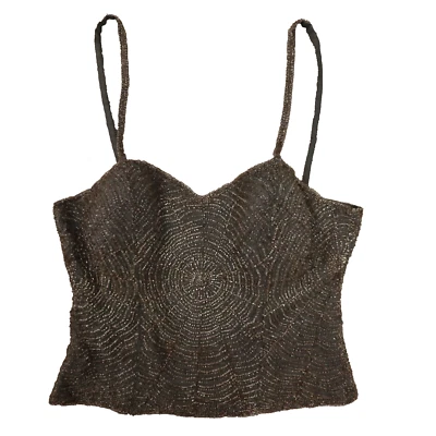 Bebe Women's Moda Dark Grey Brown Silk Beaded Y2K Bustier Crop Top size Large - Image 1 of 4