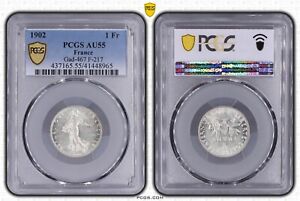 France 1 Franc 1902 Semeuse Silver PCGS AU55 coin French O. Roty