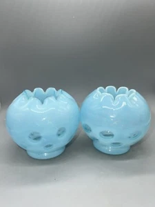 PAIR OF Fenton Baby Blue Coin Dot 3.5" Vase Opalescent Inward Ruffle Rim Glass - Picture 1 of 6