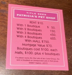 Vtg Monopoly Barbie Boutique Ed. 2007 Replacement Pc Patricia’s Pet Shop Card - Picture 1 of 4