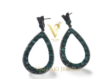 Brinco pendurado com broca de esmeralda natural cravejado de diamante branco em prata 925 - Imagem 1 de 4