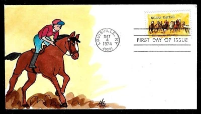 1528 10c Stamp (1974) GREAT HORSE RACING HD/HP FDC BY MELISSA FOX - OOAK - Image 1 of 2