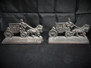 VINTAGE HUBLEY BOOKENDS – ENGLISH COACH CARRIAGE HEAVY CAST METAL - Picture 1 of 7