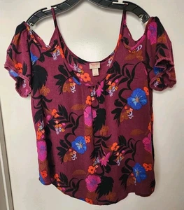 Mossimo Purple Floral Open Shoulder Blouse womens large  - Picture 1 of 3