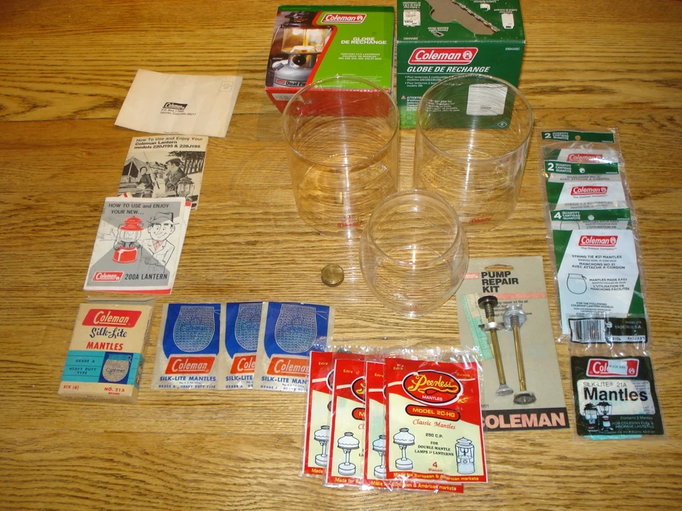 Coleman 200 228 Spare Parts PKG New Peerless Gold Top & USA Mantles Pump Globes - Image 1 of 4