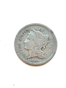 1865 Three Cent Nickel Nice OBSOLETE Civil War Year U.S. 3c - Picture 1 of 2