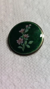 Vintage 1928 Gold Metal and Guilloche Enamel Brooch Painted Pink Flowers - Picture 1 of 5