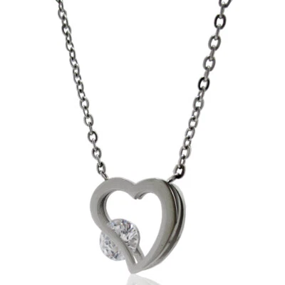 Collana rolo' cm 45-50 in acciaio lucido con cuore doppio e zircone bianco - Immagine 1 di 2