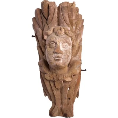 Antigua máscara de ángel barroca indo-portuguesa de teca talla arquitectónica siglo XVII. Foto 1 de 4