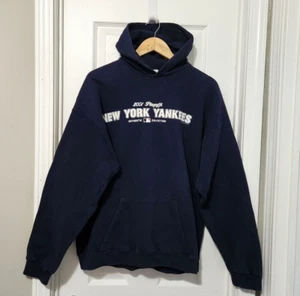 Vtg New York Yankees 2001 Playoffs Majestic Hoodie Hooded Sweatshirt Men's L - Picture 1 of 7