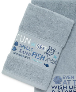 Avanti Sun Beach Sea Shells Sand Fish Embroidered 100% Cotton Hand Towel - Blue