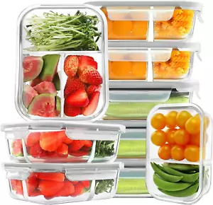 9 Pack Glass Meal Prep Containers 3 & 2 & 1 Compartment, Glass Food Storage Cont - Picture 1 of 7